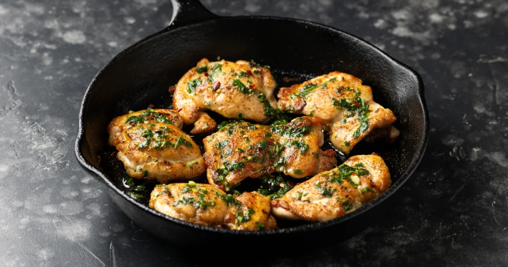 Grilled boneless chicken thighs seasoned and cooked to perfection on a barbecue grill.