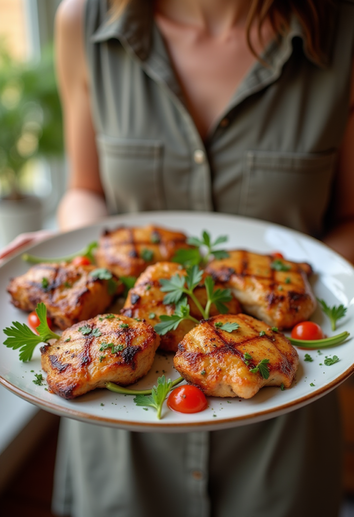 Golden-brown roasted split chicken breast served on a plate with fresh herbs and roasted vegetables